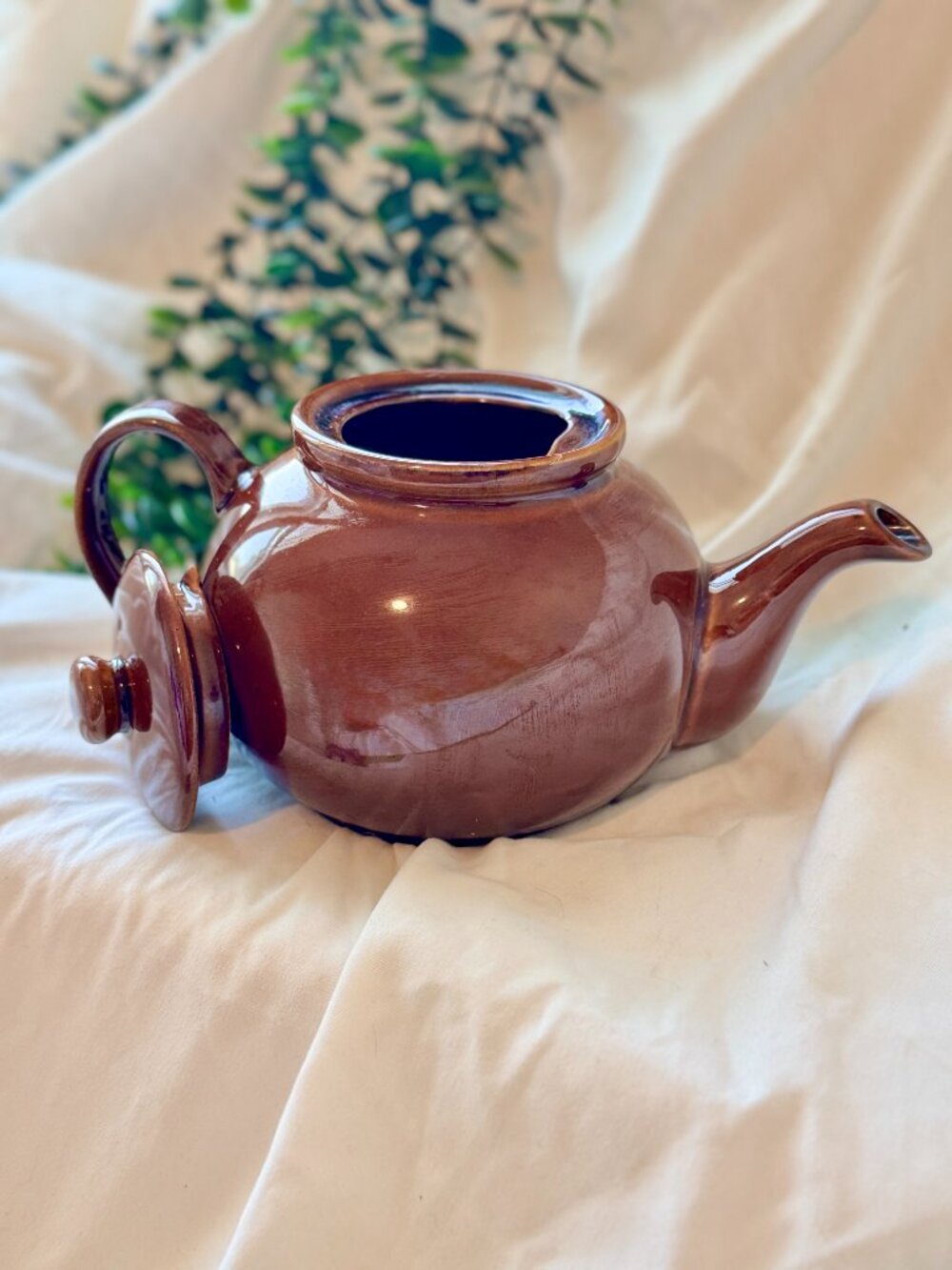 Vintage Brown Glazed Ceramic Teapot with Lid - Rustic Farmhouse Teaware 9"